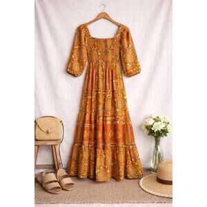 Me 2 Magic Boho Smocked Maxi Dress Orange Geometric Puff Sleeve Large Flowy